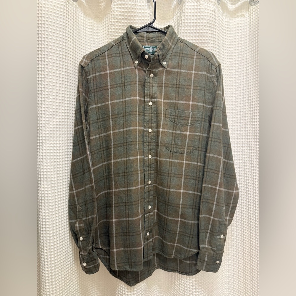 Gitman Bros Vintage Olive Green & Brown Plaid Button-Down Shirt - Medium